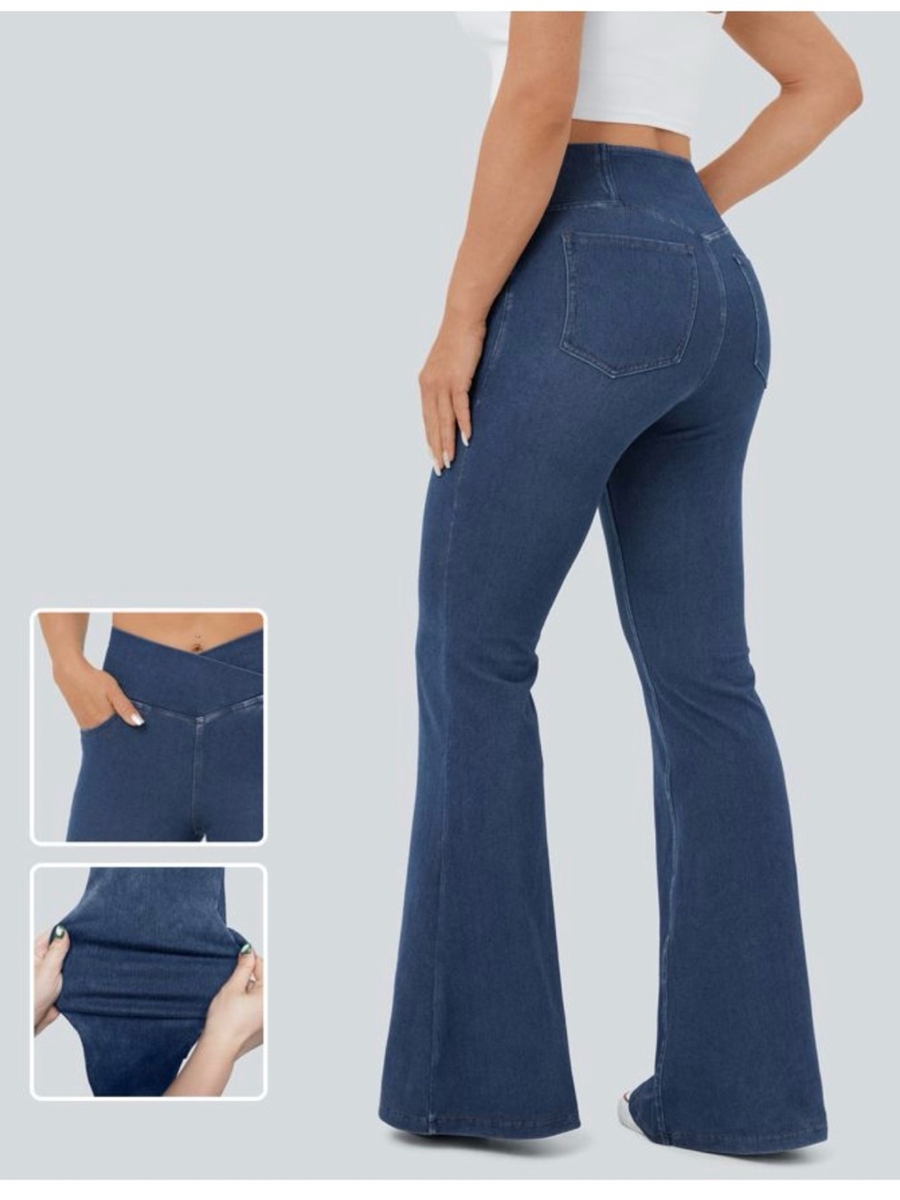 Halara Flex High Waisted Crossover Flare Jeans Womens Large Pockets Soft Stretch - Picture 2 of 13